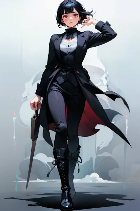 anime female character, short black hair, bangs, red eyes, vest, boots, full body shot, pose, elegant, bangs, ouji fashion, "Black Butler" inspired outfit., anime, Gothic art, anime, Gothic art, masterpiece, anatomically correct, accurate, high details, hi...