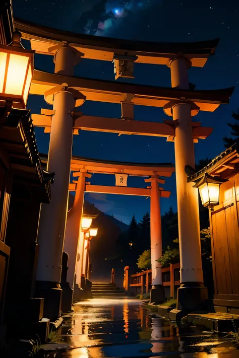 white haired shrine maiden,A faceless back view ,up,Upper Body,torii ,Night Sky,High resolution, High resolution, 8K, Masterpiece 2:1,( Shrines in Kyoto、star)、