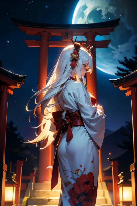 A stylish shrine maiden with white hair,Turning face,Back view ,up,torii ,Night Sky,High resolution, High resolution, 8K, Masterpiece 2:1,( Shrines in Kyoto、star)、