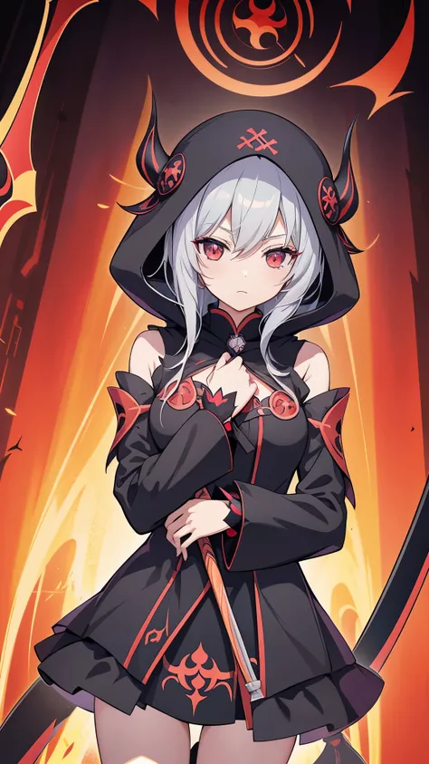 Anime girl in black cloak holding scythe and scythe, guweiz, Demon anime girl, Gormo Adray Grimdak, from the night of the ark, Ayaka Genshin impact, Black, Anime girl wearing black dress, Shalltear Blood Demon, gothic maiden anime girl, Mika Kurai Devil, b...