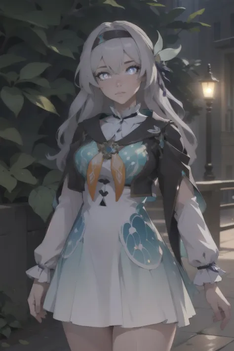 honkaifirefly, firefly, (purple eyes:1.3), grey hair, butterfly hair ornament, hair ornament, hair intakes, long hair, (bright pupils:1.5),
BREAK black socks, blue dress, blue socks, dress, shoes, socks, two-tone dress, two-tone socks, white dress, long sl...