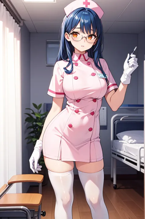 1woman, solo, nurse, white nurse cap, white nurse uniform, ((white legwear, zettai ryouiki)), white gloves, glasses, blue hair, orange eyes, pink lips, no impression, standing, ((hospital room)), sharp outline, short sleeves, mature female, 35 years old, b...