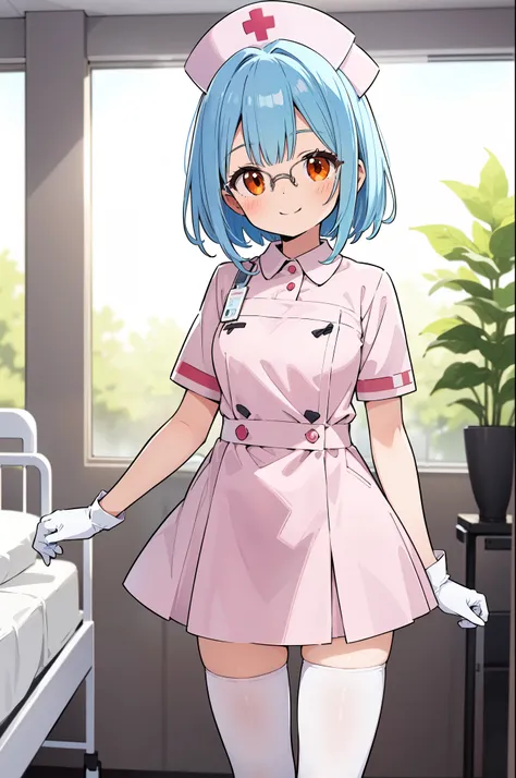 1girl, solo, nurse, nurse cap, white nurse uniform, ((white legwear, zettai ryouiki)), white gloves, glasses, blue hair, orange ...