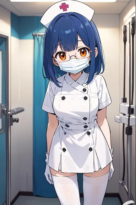 1woman, solo, nurse, white nurse cap, white nurse uniform, ((white legwear, zettai ryouiki)), white gloves, glasses, blue hair, orange eyes, ((white surgical mask, covered nose)), standing, ((hospital room)), sharp outline, short sleeves, mature female, 35...