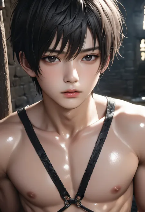 high quality, detailed, (22 years old japanese idol boy), (detailed black eyes), (black short hair),(shiny skin:1.3), black tiny thong, bulge,(detailed nipples), yard, dungeon, (best quality,4k,8k,highres,masterpiece:1.2), (face close up:0.7),(realistic,ph...