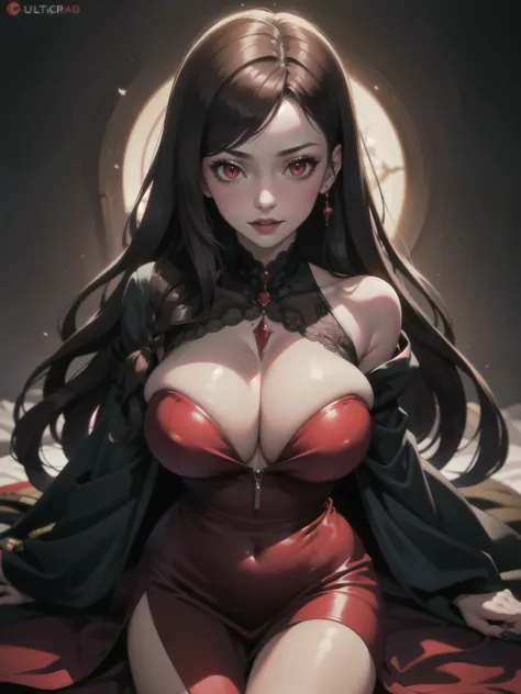 1girl, beautiful, vampire goddess, brunette very long hair, red eyes, wearing a sexy red and black dress, ultrasharp, looking at the viewer, ((best quality)), ((masterpiece)), (detailed), perfect face, big breast, sexy pose, sexy body,
