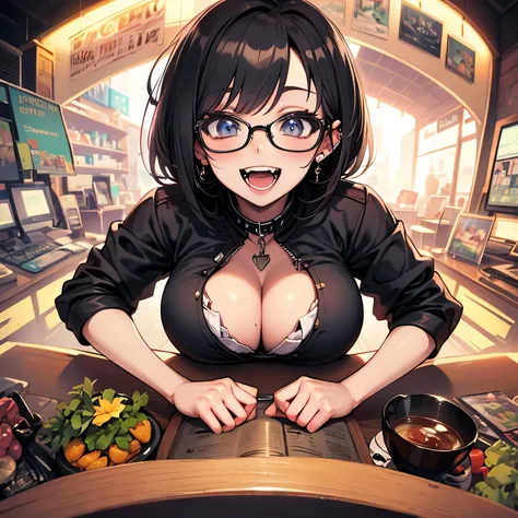 Highest quality,Highest Resolution,sexy,Short Bob,Very beautiful eyes,smile,Big Breasts,whole body,Glasses,Black Hair