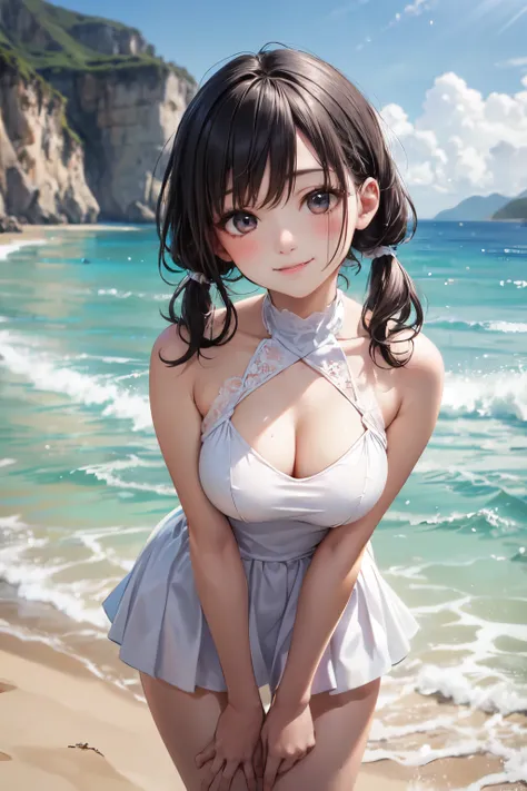 very cute and beautiful girl,(highly detailed beautiful face),(smile),blush,black hair,low twintails,looking at viewer,
standing,(white transparent dress),short skirt,exposing thighs,sandy beach,
(best quality,masterpiece),absurdres,highres,ultra-detailed,...