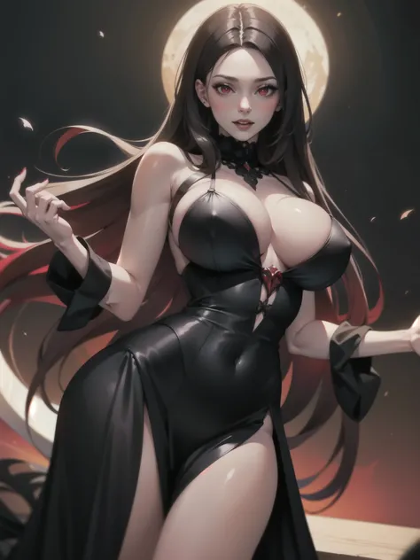 1girl, beautiful, vampire goddess, brunette very long hair, red eyes, wearing a sexy red and black dress, ultrasharp, looking at the viewer, ((best quality)), ((masterpiece)), (detailed), perfect face, big breast, sexy pose, sexy body,
