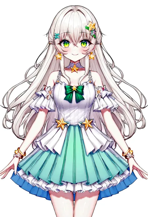(vtubermodel:1.2) fullbody, 1girl, with straight hair color rgb(217, 210, 210) with a faint blue sheen at the tips and green blue eyes, smiling, (white sleeveless top with lace and a small bow:1), (light blue pleated skirt with star patterns and hints of R...