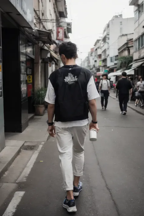 A man, streetwear style, taken from behind, taking a coffee cup and walking on street of Vietnam