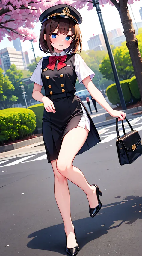 {Highest quality}, {Super beautiful},{Ultra fine},{Best illustration},Brown Hair,Hime cut,semi-long,Bangs,Standing Woman,Uniform cap,White Shirt,Short sleeve,Long black skirt,Night Park,Embarrassed,smilingly,Blushing,Slender women, A woman wearing plain bl...