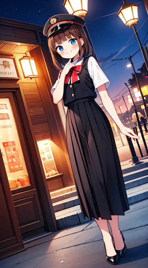 {Highest quality}, {Super beautiful},{Ultra fine},{Best illustration},Brown Hair,Hime cut,semi-long,Bangs,Standing Woman,Uniform cap,White Shirt,Short sleeve,Long black skirt,Night Park,Embarrassed,smilingly,Blushing,Slender women, A woman wearing plain bl...