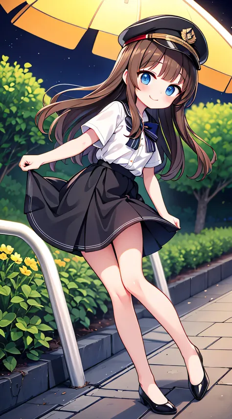 {Highest quality}, {Super beautiful},{Ultra fine},{Best illustration},Brown Hair,Hime cut,semi-long,Bangs,Standing Woman,Uniform cap,White Shirt,Short sleeve,Long black skirt,Night Park,Embarrassed,smilingly,Blushing,Slender women, A woman wearing plain bl...