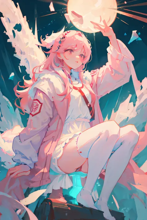 White fur red eyed cat girl，Lined jacket，White silk stockings and shorts，White light blue light pink