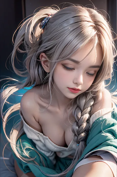 （((on the beds、Woman sleeping face down))）、((posterior view)),(Looks Back)（The back  visible）、（Sleeping face down）1 girl, Silver hair, striated hair, bangs, Blunt bangs, Long hair, Pink hair, aqua eyes, longeyelashes, Purple eyes, makeup, Smile, Parted lip...