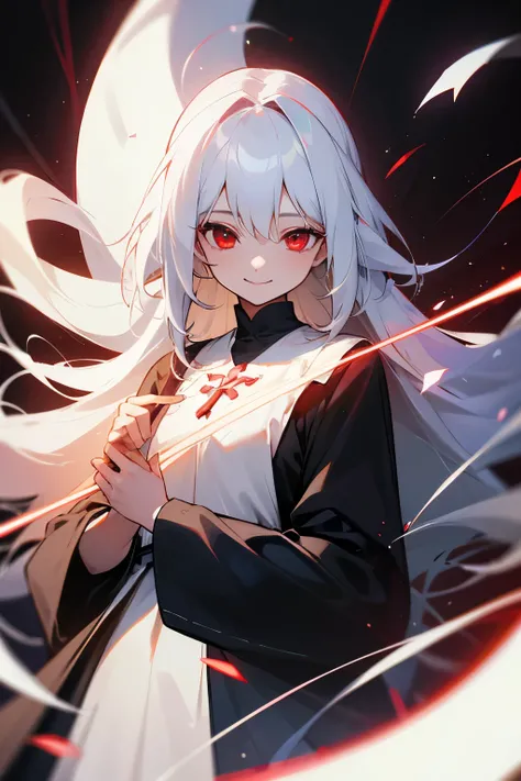 Woman white hair red eyes priest long hair light smile