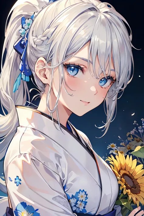 (Best quality,4K,8K,High resolution,Masterpiece:1.2),Super detailed,(Actual, Realistic),
break,
((Beautiful clear blue eyes:1.2)),Gentle eyes,
break,
((Beautiful silver hair in a ponytail:1.3)),A bursting smile,
break,
(floral patterned kimono:1.3),
break,...