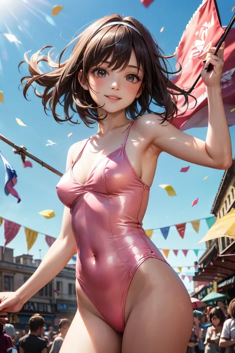 very cute and beautiful girl,(highly detailed beautiful face),(pink leotard:1.2),(sleeveless),(smile:1.2),happy,
festival in town street,(parade:1.2),(many people wearing pastel costume),flags,confetti in sky,outdoors,depth of field,
cowboy shot,standing,d...