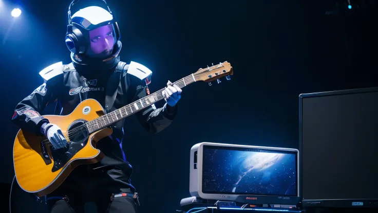 Create in 8k, uhd, A SYBER ROBOT PLAYING ELETRIC GUITAR ON A STAGE , SIMULATING OUTER SPACE,