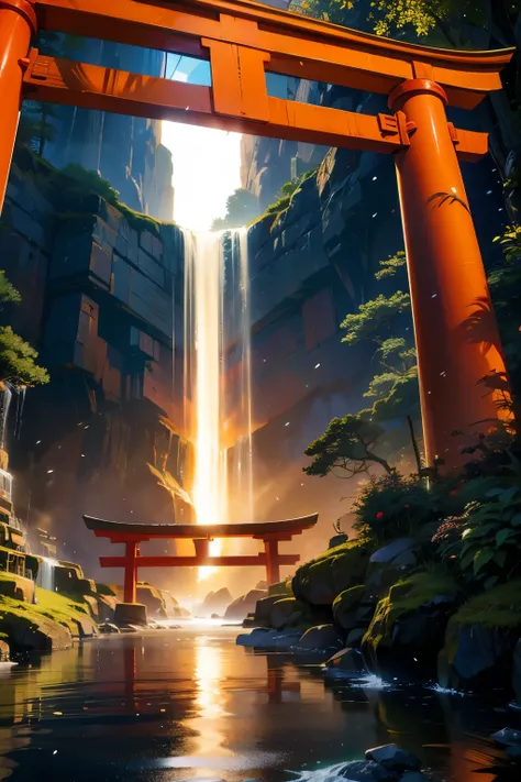 Light,shine,torii,waterfall,Streaks of Light,High resolution, High resolution, 8K, Masterpiece 2:1,