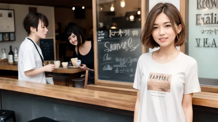 super high quality, short hair, thin, Photography Sculpture, The staff is working at the counter in the back.., (8K、RAW Photos、Highest quality、masterpiece:1.2), Japanese Idols, Stylish cafe, People having fun at the cafe々Bustling with., (Realistic、Realisti...