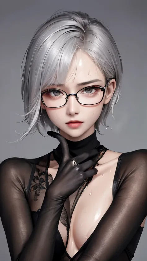 Ridiculous Resolutions, Super detailed, Highest quality, figure, 8K, Ultra-high resolution, Grayish-grey hair、Pixie short、amount、Glasses、short、small、Pin Heel Midnight、 thin, cumin ,Straight Hair、short hair, Glasses , (((Sweat)))、Turtleneck dress、skin、Stile...