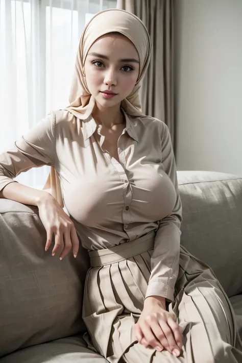 (4k, very realistic, soft light, muted colour), 23 year old girl, wearing a pink long hijab, wearing beige V neck button up shirt, (shirt tucked in),  (wearing black pleated long skirt), sitting on sofa, hands on hips,  (white background), slim body, huge ...