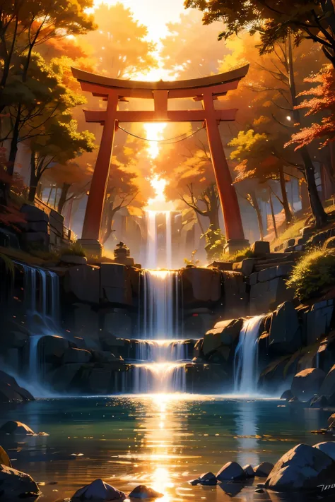 sun，dazzling light，light，shine，torii，waterfall，streaks of light，high resolution, high resolution, 8k, masterpiece 2:1,