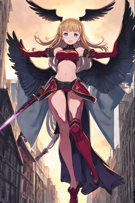 fantasy, 1girl, low_teen, blond_hair,long_bangs, bare_shoulder, navel out, thighhighs,black_armor, red_clothes,waist_armor, Glebe, hold_sword, medium_breasts, dynamic_flying_pose,Floating, (1pair_black_wings:1.2),(pelvic_curtain:1.3), Headgear ,looking_dow...