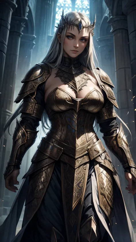 medieval epic fantasy armor, thick sturdy metal plates, gothic details, intricate engravings, magical glowing effects, unique textures, battle-worn, luxurious fabrics, decorative accessories