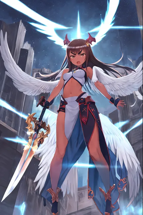 fantasy, 1angel_girl, low_teen, dark_brown_hair,long_bangs, (dark_skin)+, bare_shoulder, navel out, thighhighs,silver_shiny_armor, white_clothes,waist_armor, Glebe, hold_swords_emits_light, medium_breasts, dynamic_flying_pose,Floating, (1pair_white_wings:1...