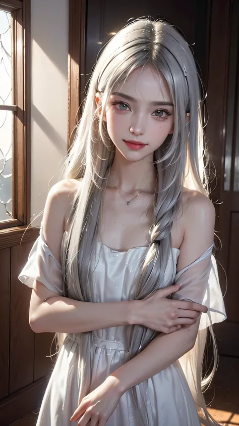 (8k, born, realistic: 1.25), ((striped white hairs)))))), (Thin lip gloss, thin eyebrows, eyelash, tear bag, sharp bangs, shiny face, shiny skin, highest quality, ultra high resolution, Depth of the bounds written, chromatic aberration, caustics, wide ligh...