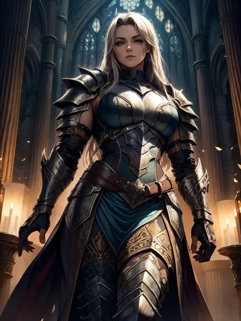 medieval epic fantasy armor, thick sturdy metal plates, gothic details, intricate engravings, magical glowing effects, unique te...