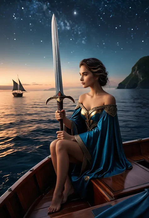 A young girl sitting in a boat, sword in hand, cape, lonely, high resolution, sea of stars, overlooking, romance, smallness, (best quality,8k,highres,masterpiece:1.2),ultra-detailed,(realistic,photorealistic:1.37),dramatic lighting,cinematic composition,in...