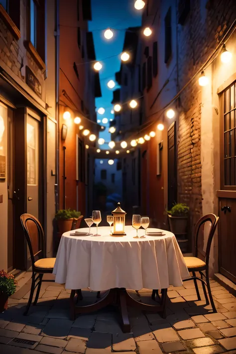 A small, stylish, round, and romantic table for two with a tablecloth, a lit candle, and a bread basket is waiting for a dinner for two in a small alley outside an Italian restaurant on a warm summer night.