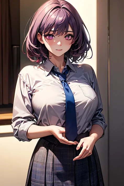 (Very detailed CG Unity 8K 壁紙),(masterpiece), (Highest quality), (Very detailed), (Best illustrations),(Best Shadow), Detailed underwear、Realistic textured underwear、Large Breasts,16 years old,Purple eyes and short purple hair,Brown blouse,Blue tie,Checked...