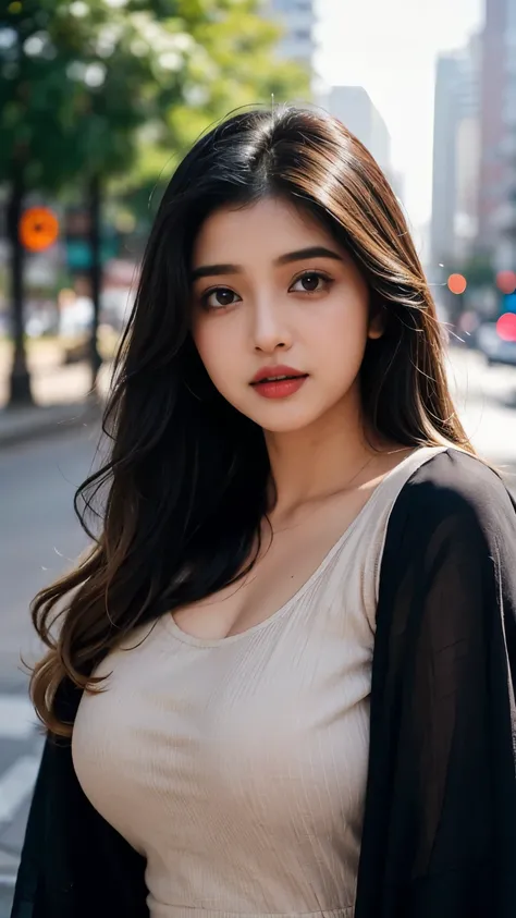 (((Desi Girl))),
, chubby face, Natural Skin, Wearing a hot deep necktop and dupatta, Attractive black hair, ((The ends of the hair are blonde)), city street background, Bokeh