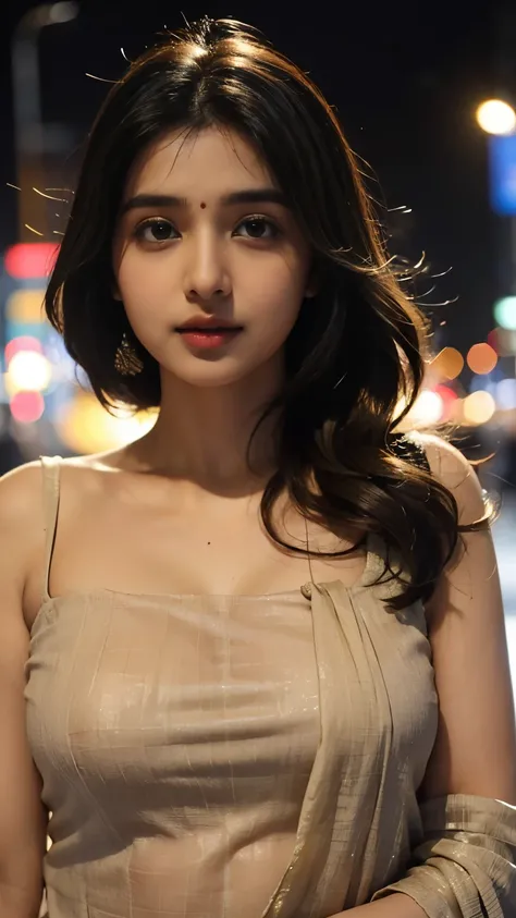 (((Desi Girl))), Her name is Abhirasha, chubby face, Natural Skin, Wearing a hot deep necktop and dupatta, Attractive black hair, ((The ends of the hair are blonde)), city street background, Bokeh