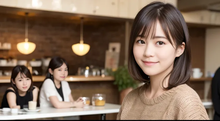 super high quality, Short Hair, Slender, Gravure photoshoot, The staff is working at the counter in the back., (8K、RAW Photos、Highest quality、masterpiece:1.2), Japanese Idol, Stylish café, The cafe is crowded with people enjoying themselves., (Realistic、Ph...