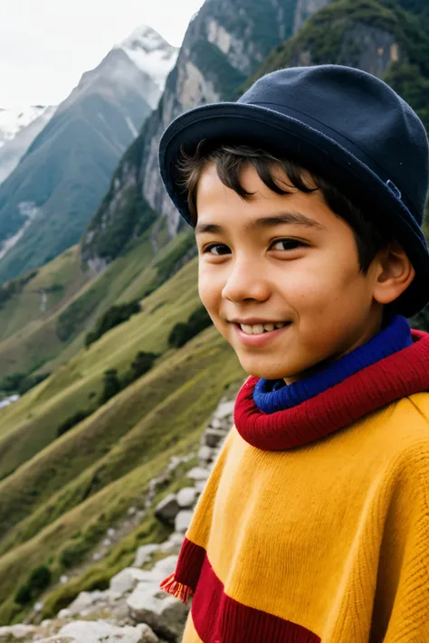 12 year old boy, resident of the Peruvian mountains with his poncho and hat
