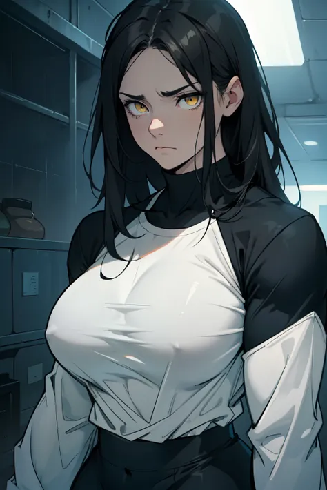 sad girl muscular muscular muscular breasts breasts breasts thick thick thick thick black hair yellow eyes pale skin pale skin thick thick thick long sleeve dark atmosphere thick thick thick thick thick thick muscular simple background sad sad sad sad tigt...