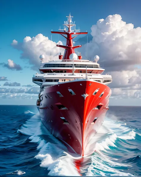 Ultra HD resolution，artistic photos，Professional Photography，a very big red bedazzled cruise on fire in the ocean attention to detail.