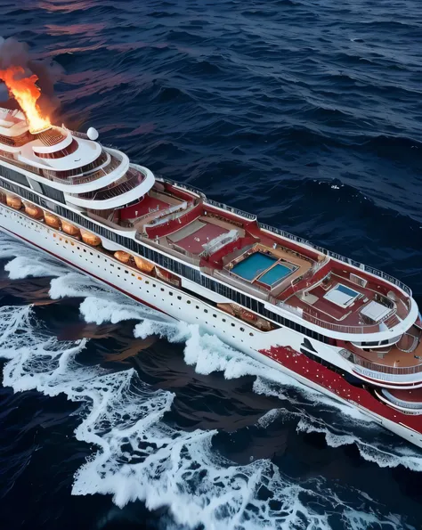 Ultra HD resolution，artistic photos，Professional Photography，((a very luxury red bedazzled cruise on fire in the ocean)), attention to detail.