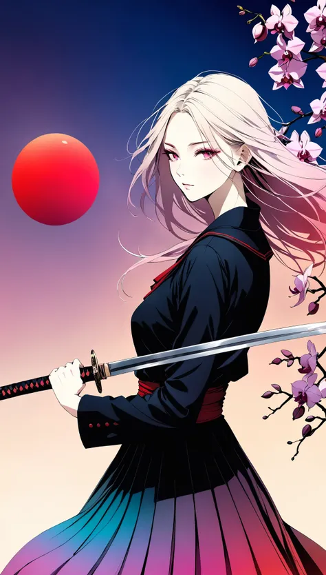 in style of Santiago Caruso:1.1), 1 Girl, Black sailor suit pleated skirt, (Blurred foreground), orchid, White long hair blowing in the wind, (((Background blur))), Red sphere background, Standing, Japanese sword, Holding a Japanese sword, (Eyes covered by...