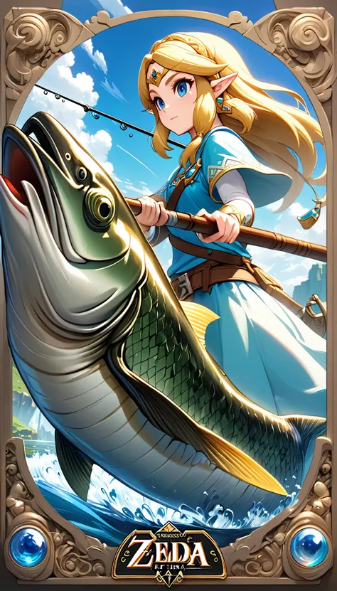 the legend of zelda, Princess Zelda Fishing, Official Fan Art, First Grand Prize Winner, 
BREAK Professional spray work, Detailed and intricate texture, Detailed and intricate brushwork, Detailed and clear depiction, Anatomically correct, Absurd aesthetics...