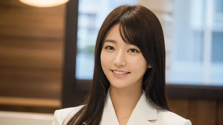 1 female,Realistic,Highest quality,Ultra-high resolution,8K,Cool beauty,beauty,Perfect Style,Wearing a suit,Japanese,Upper body close-up,smile,Looking into the camera,Photographed inside the cafe