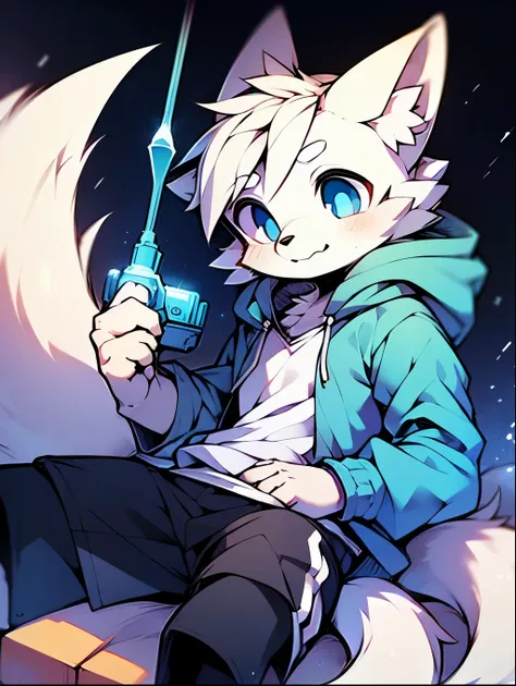 white fox,eye color green,eye light color green,solo,blue hoodie,wearing a hood,striped shorts,gaster blaster blue eyes