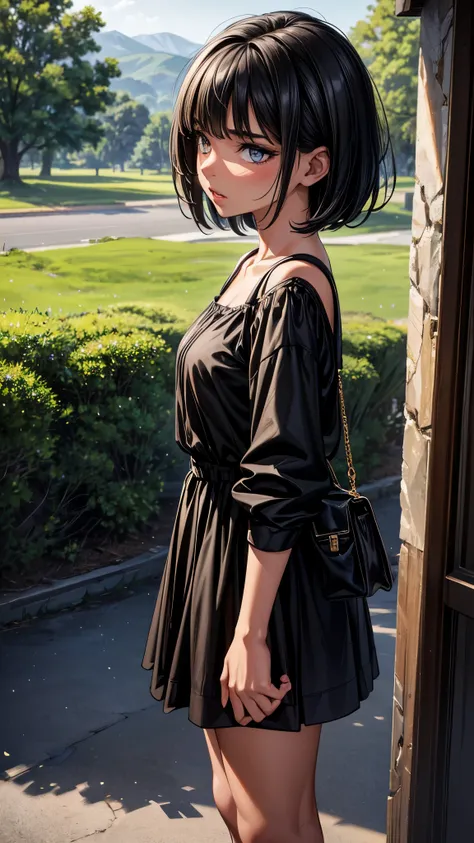 (from side2.0),beautiful detailed eyes, beautiful detailed lips, extremely detailed eyes and face, longeyelashes, 1 girl, face close up, outside the countryside,16 years old, sweat, (dark skin color),(very short black hair),displeased, sulky, casual fashio...