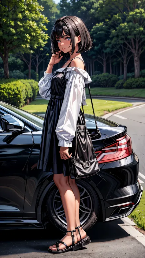 (from side2.0),beautiful detailed eyes, beautiful detailed lips, extremely detailed eyes and face, longeyelashes, 1 girl, face close up, outside the countryside,16 years old, sweat, (dark skin color),(very short black hair),displeased, sulky, casual fashio...